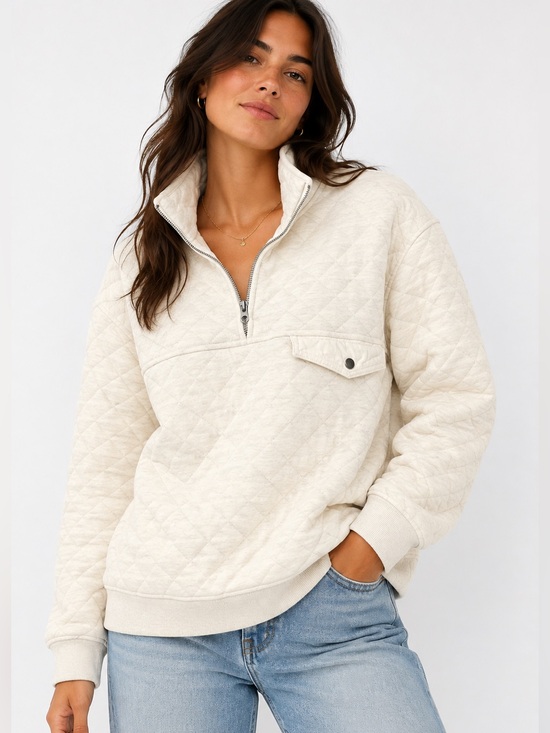 American Eagle Outfitters Tops - American Eagle Quilted Pullover Women’s L Cream Quarter Zip Funnel Neck Sweatshi